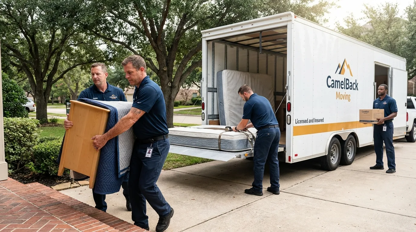 Crew loading residential truck for cross-state move from Madison, IN