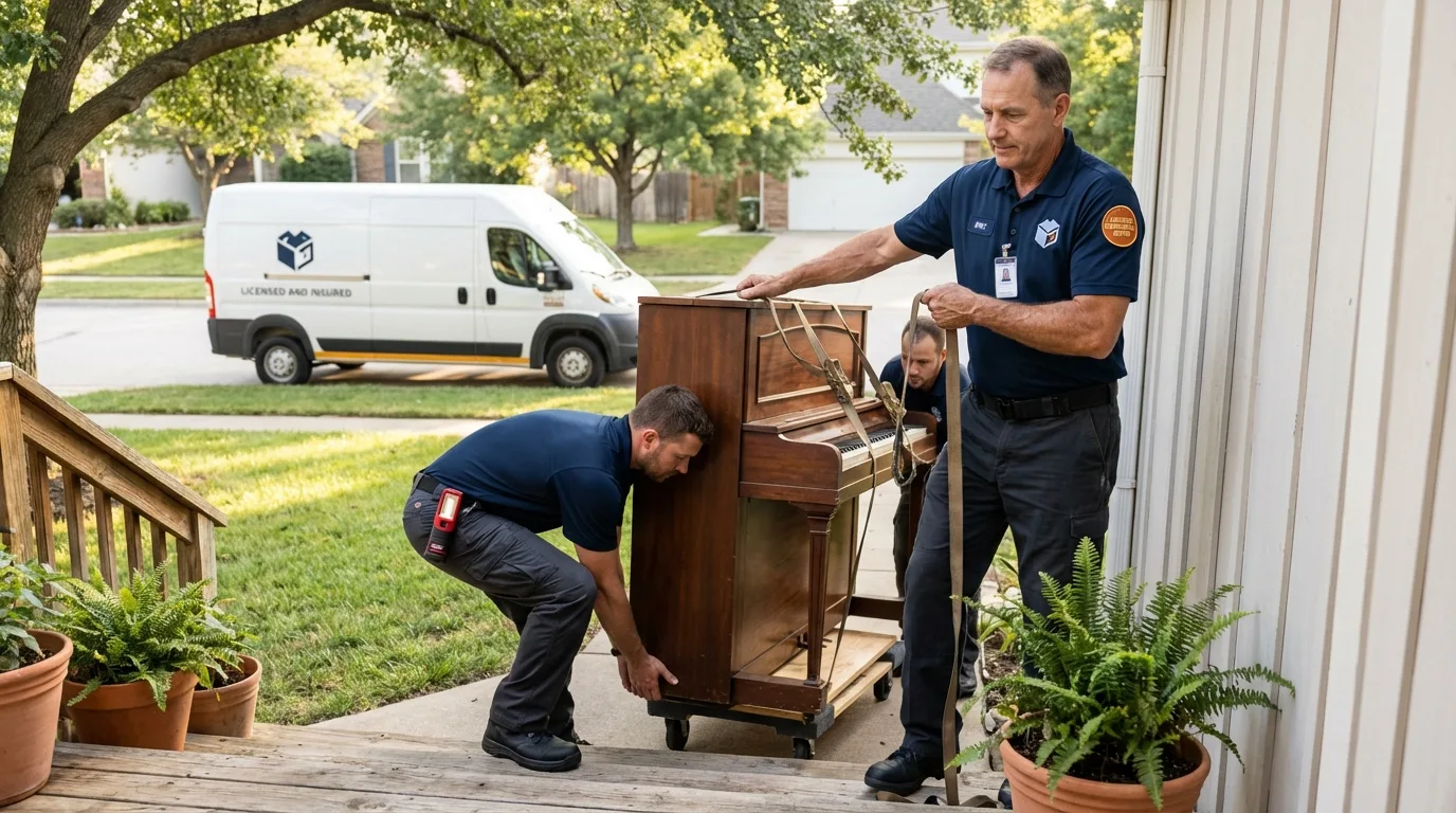 Licensed piano movers securing grand piano in Madison, IN