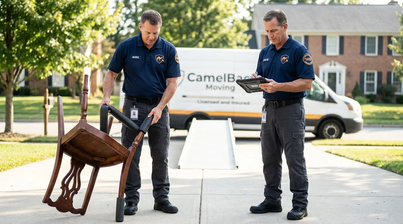 Movers inspecting furniture for damage prevention before loading in Madison, IN