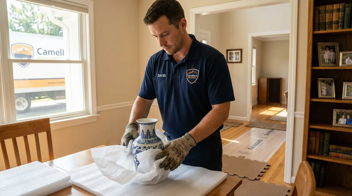 Professional crew carefully wrapping antique vase for senior downsizing move in Madison, IN